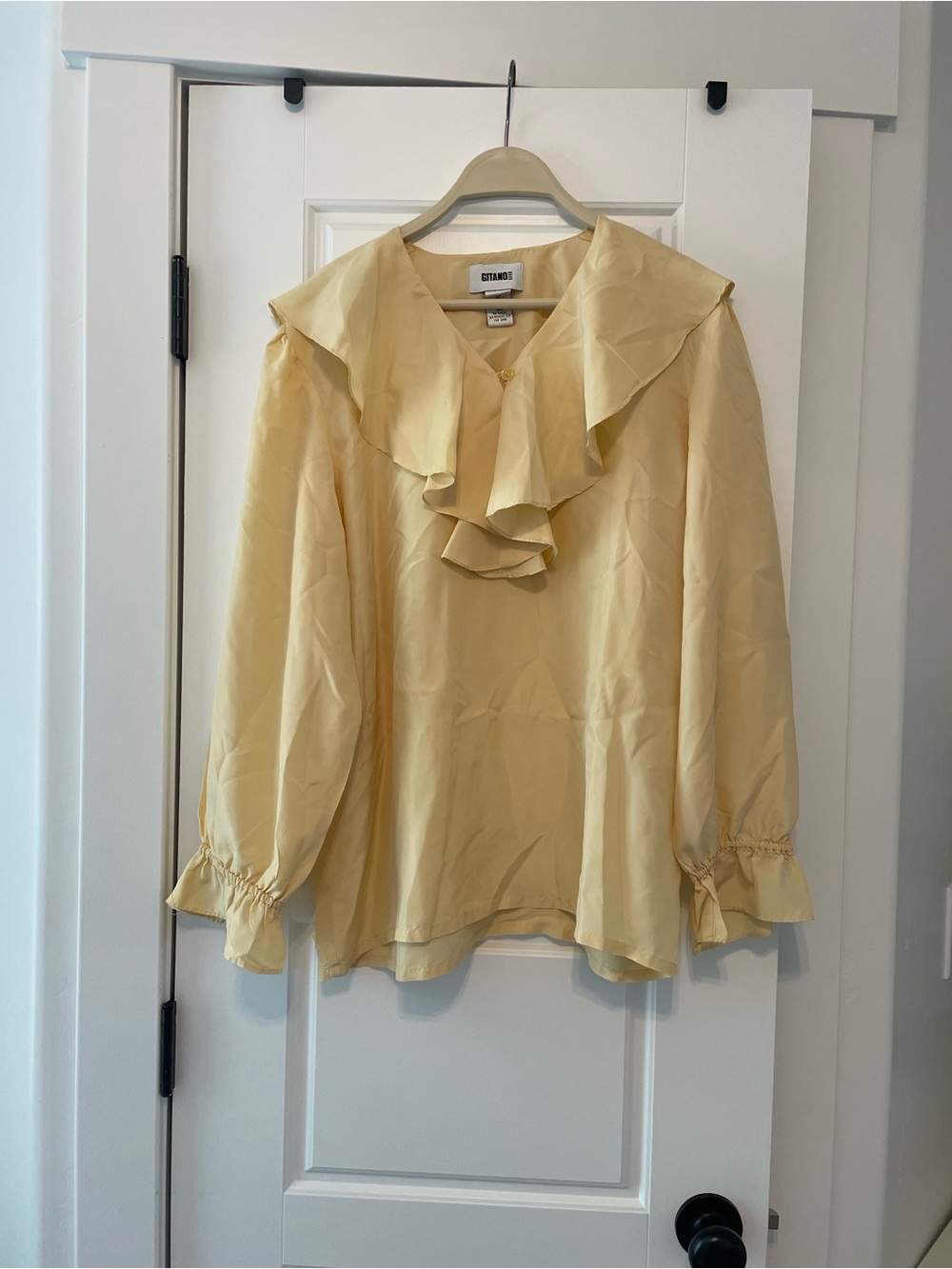 100% Silk Gitano Pale Yellow Ruffle V-Neck Blouse